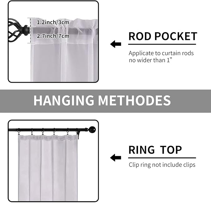 Sheer Curtains 45 Inches Long 2 Panels, Rod Pocket Short Curtain for Kitchen, Bedroom, Cafe Window(Light Grey 38" W x 45" L)