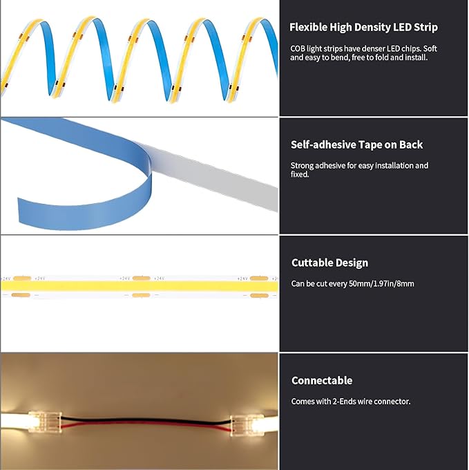 80FT/24m COB LED Strip Light (2 Rolls of 40ft) Warm White Dimmable 6500K High Lumen CRI 90+ with 24V Power Adapter RF Remote LED Lights for Bedroom Counter Under Cabinet Kitchen Projects