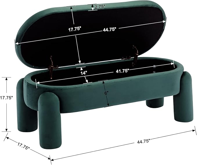 DUOMAY Velvet Storage Ottoman Bench, Upholstered Fabric Storage Bench End of Bed Stool for Bedroom Living Room Entryway, 44.75" Width, Green