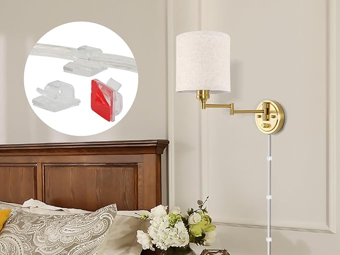 Plug in Wall Sconces with Remote Control, Dimming & Adjustable Colors 2700K-6500K, Hardwire or Plug-in, Swing Arm Wall Lamp with Linen Fabric Shade, Wall Sconces Set of Two, Gold Finish