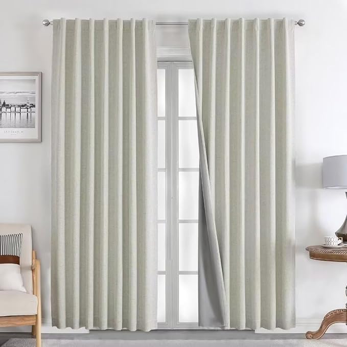 Joydeco Natural Linen Curtains 108 inch Length 2 Panels Set Burg 100% Blackout Patio Door Curtain Room Darkening Sliding Door Curtains Thermal Insulated Back tab Rod Pocket(105x108 inch, Light Beige)
