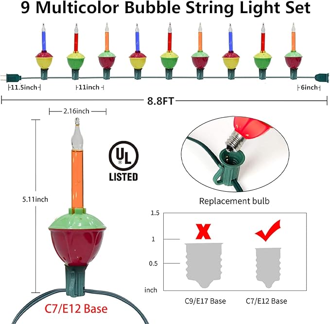 SUNSGNE Christmas Bubble Lights, 8.8Ft Vintage Bubble Lights with 10 Multicolor Bubble Bulbs(1 Spare) for Holiday Christmas Tree Lighting, E12 Base, Green Wire