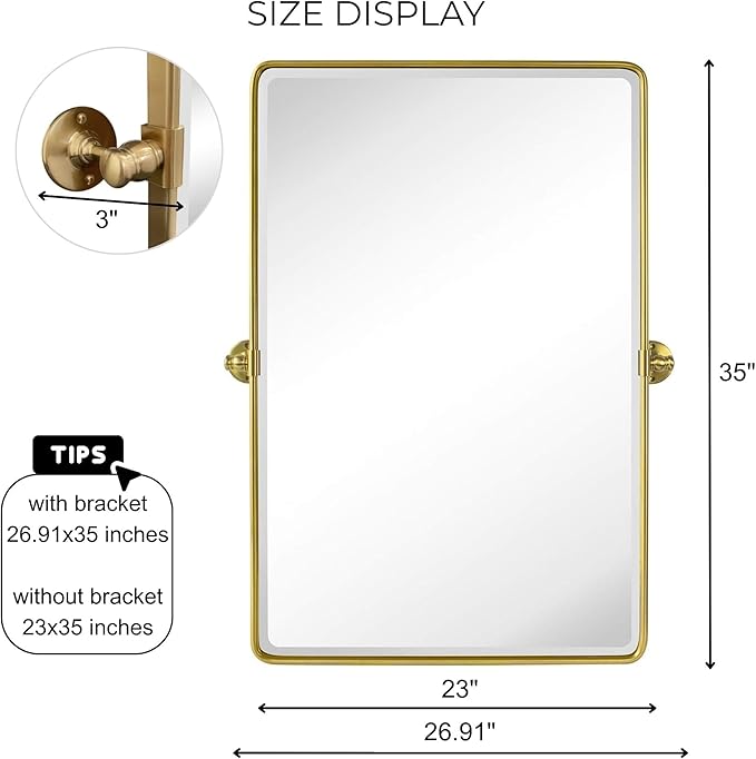 TEHOME Gold Pivot Rectangle Bathroom Vanity Mirrror Farmhouse Tiltable Rounded Metal Framed Pivoting Bathroom Mirror with Beveled Mirrror, Overall 26.91 x 35 inches (Mirrror 23 x 35 inches)