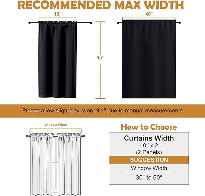 Aiyufeng Halloween Black Short Blackout Curtains for Bedroom 45 Inches Long 2 Panels Set, Solid Thermal Insulated, Energy Saving Window Treatment Curtains Blackout Drapes, W40 x L45 Inch, Black