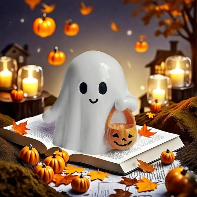 Halloween Ghost Figurine with Pumpkin Bucket, Resin Polished Cute Ghost Statue, Small Tabletop Halloween Ghost Decor for Home, Office, Tiered Tray, Fall Spooky Party Ornament