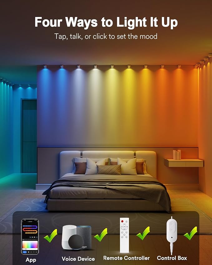 Smart String Downlights with 15 RGBAI+WW+CW LEDs Across 10ft, Feature 46° Dynamic Wave-Like Lighting, App/Voice/Remote Control—Wall String Lights for Bedroom, Indoor Eaves & Wall Decor