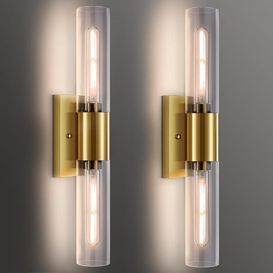 21" Gold Wall Sconces Set of Two, 2-Light Bathroom Sconces Vanity Light Tube Sconce, Clear Glass Indoor Hardwired Mounted Wall Lighting for Living Room,Bedroom,Hallway-Gold Clear (Bulb Not Included)