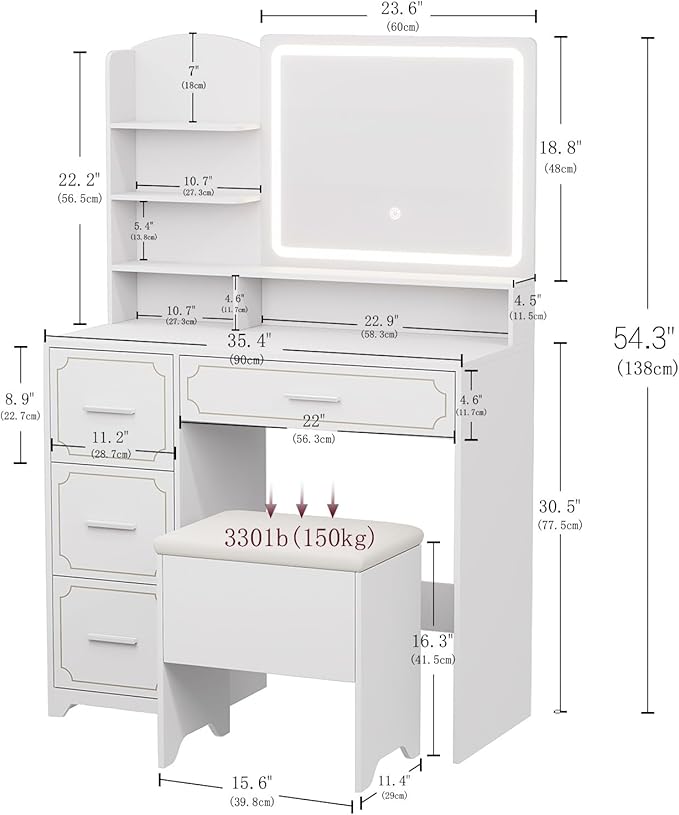 Vanity Table with LED Mirror & Power Outlet - 5 Open Shelves, 4 Drawers - Includes Padded Stool - Ideal Bedroom Makeup Dressing Table (White)
