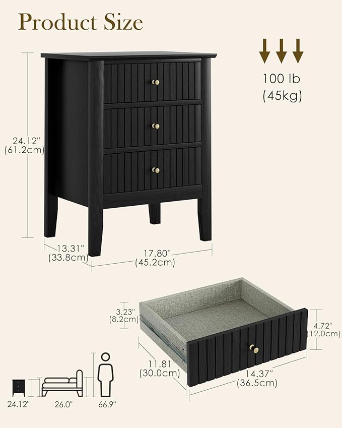 Fluted Nightstand, Farmhouse Night Stand with 3 Drawers, Mid Century Modern Side Accent Table,Bedside End Table for Bedroom, Living Room, Black