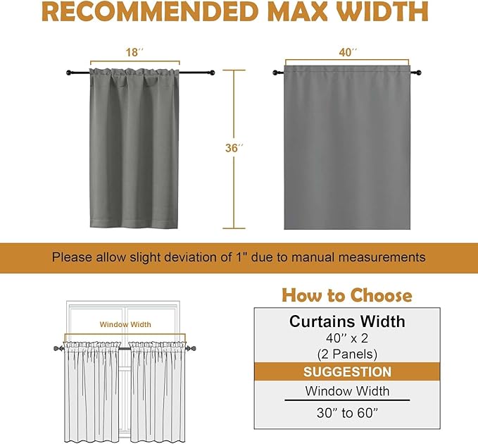 Aiyufeng Light Grey Short 36 Inches Blackout Curtain 2 Panels Set, Half Window Rod Pocket Privacy Curtain Tiers for Kitchen, Curtains Blackout for Bathroom Shades, W40 x L36 Inch, Light Grey