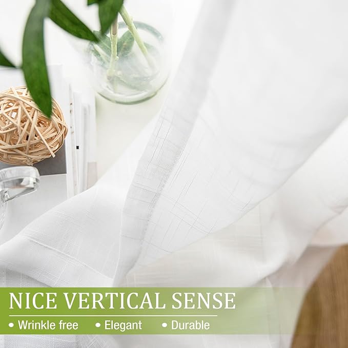 White Sheer Curtains for Living Room 72" Long Wrinkle Free Linen Textured Window Drapes for Bedroom Not See Through Light Filtering Curtain Panels 54”w x 1 Pair Rod Pocket
