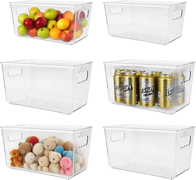 6 Pack 2-Size Plastic Storage Bins, Clear Refrigerator Drawer Organizer Containers with Handles, Stackable Pantry Organization Boxes for Home Kitchen Fridge Freezer Cabinet Bathroom