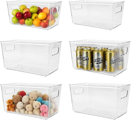 6 Pack 2-Size Plastic Storage Bins, Clear Refrigerator Drawer Organizer Containers with Handles, Stackable Pantry Organization Boxes for Home Kitchen Fridge Freezer Cabinet Bathroom