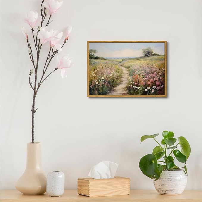 KISSFOX Vintage Wild flower Path Landscape Canvas Wall Art Spring Farmhouse Nature Floral Framed Wall Art Rustic Cottagecore Botanical Painting Art Prints Artwork For Living Room Bedroom Kitchen