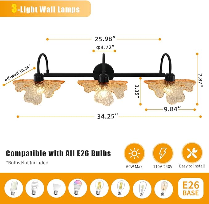 Vintage Wall Sconce 3 Light Bathroom Vanity Light Black Wall Sconce Light Vanity Light fixtures Amber Glass Wall lamp mid Century Bathroom Lights Over Mirror for Bedroom Hallway Living Room