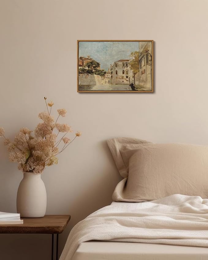 KISSFOX Vintage Venice Canal Canvas Wall Art Impressionist Retro Neutral Italy Cityscape Landscape Framed Wall Art Prints Artwork For Living Room Bedroom Kitchen