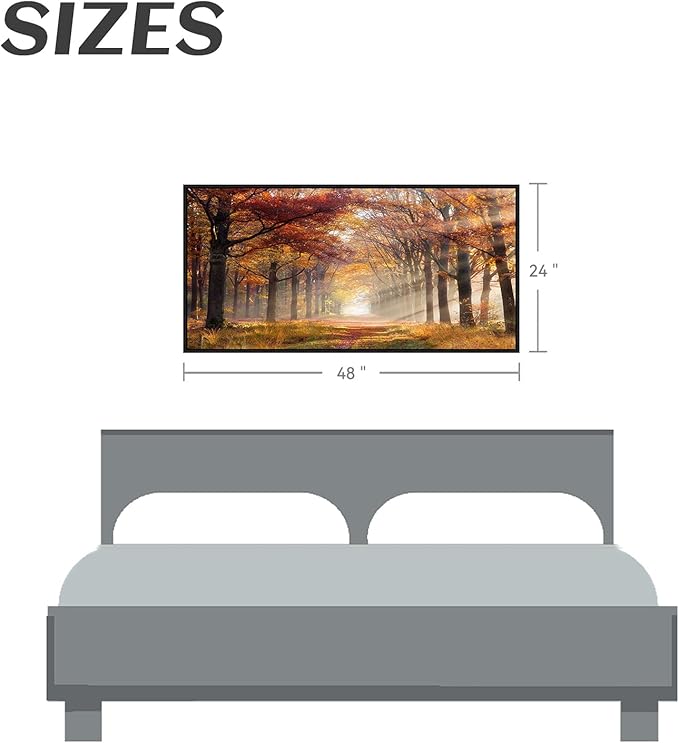 Sunset Forest Framed Wall Art - Yellow Landscape Canvas Picture Woodland Painting Nature Tree Scenery Artwork Prints for Bedroom Living Room