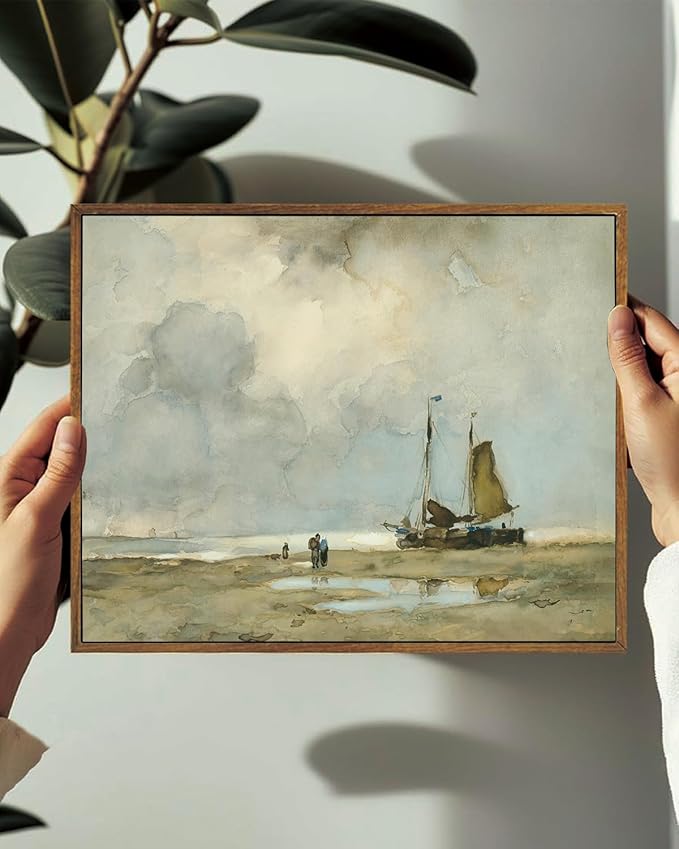 KISSFOX Vintage Landscape Canvas Wall Art Framed Natural Scenery Prints Ocean Coastal Sailboat Painting Artwork Rustic Farmhouse Pictures Decor Gallery Office Living Room Bedroom Bathroom