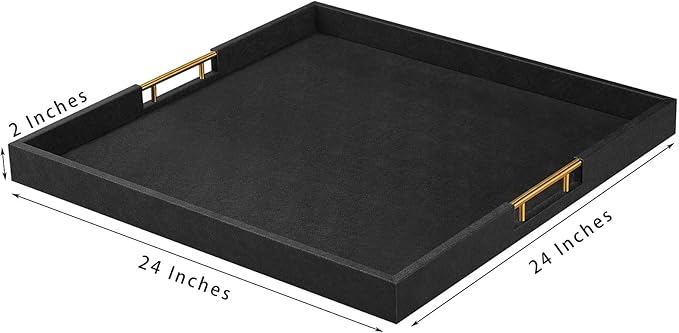 24x24 Inches Extra Large Black Faux Leather Wrapped Wood Ottoman Tray with Golden Handles for Serving Food and Breakfast On Bed, Square Coffee Table Organizer, Home Decor and Decorative