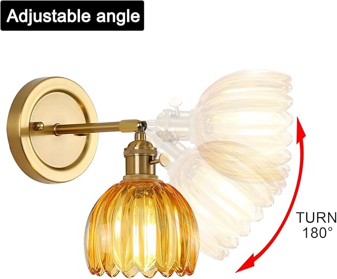 Vintage Wall Sconces Set of 2, 180 Degree Adjustable Brass Vanity Lights Fixture with Amber Tulip Glass Lampshade, Hradwired Modern Wall Lighting for Bedside Bedroom Bathroom