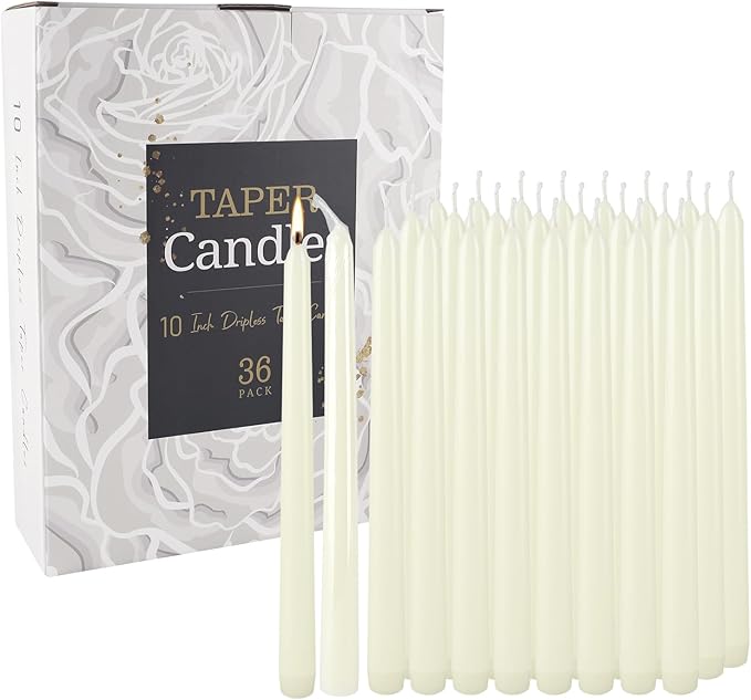 36 Pack Ivory Taper Candles 10 inch(H) Dripless, Smokeless & Unscented - Long Burning Time - Hand Poured Tall Candlesticks - Ideal for Restaurant,Weddings, Dinner Parties, and Home Decor