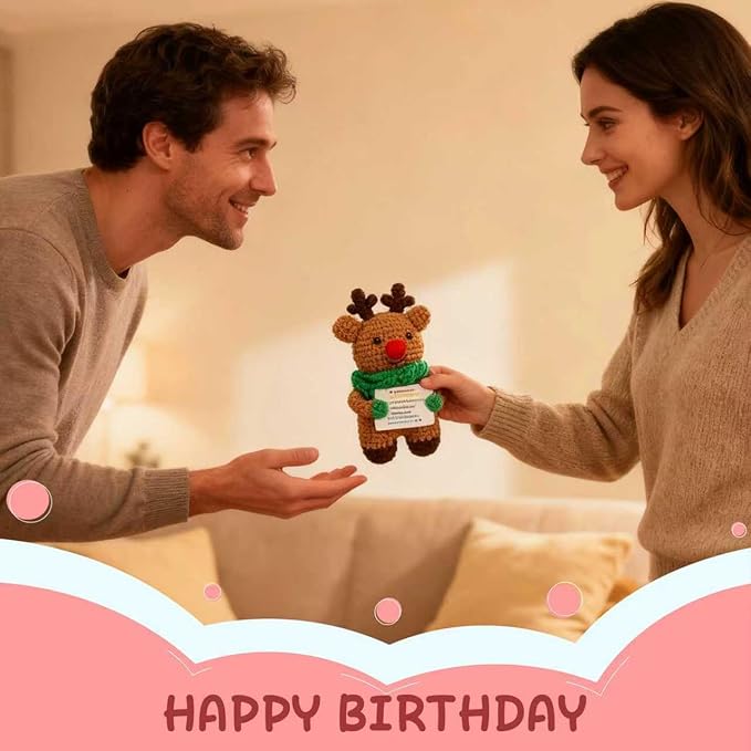 Mini Cute Deer Gifts for Wife Handmade Crochet Reindeer Present Wedding Anniversary Thanksgiving Christmas Birthday Gift for Her Woman from Husband Office Home Emotional Decor Doll