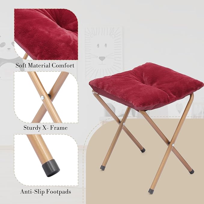 Athena Collection Saucer Chair with Ottoman - Modern Red Faux Fur Foldable Accent Chair - Comfortable for Bedroom, Living Room, Gaming, Reading - 300 lbs Weight Capacity