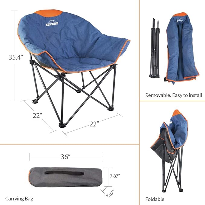 OUTDOOR LIVING SUNTIME Oversized Padded Camping Chair,Portable Comfy Outdoor Folding Moon Round Saucer Chairs for Adults with Holder and Carry Bag, Perfect for Hiking Lawn Patio Sports(Denim 2 Pack)