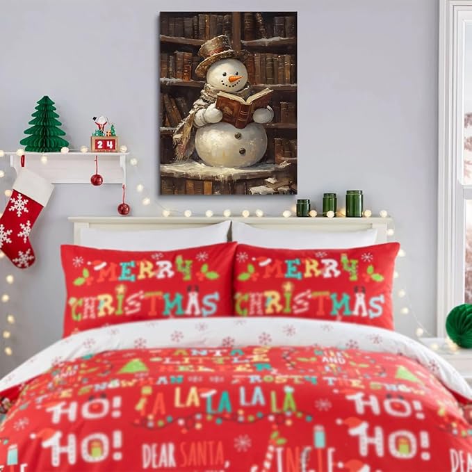 Framed Cute Snowman Reading Book Art posters Christmas Canvas Print Wall Art Christmas Prints Winter Wall Art Snowman Decor Academia Art Holiday Decor 24x36 framed