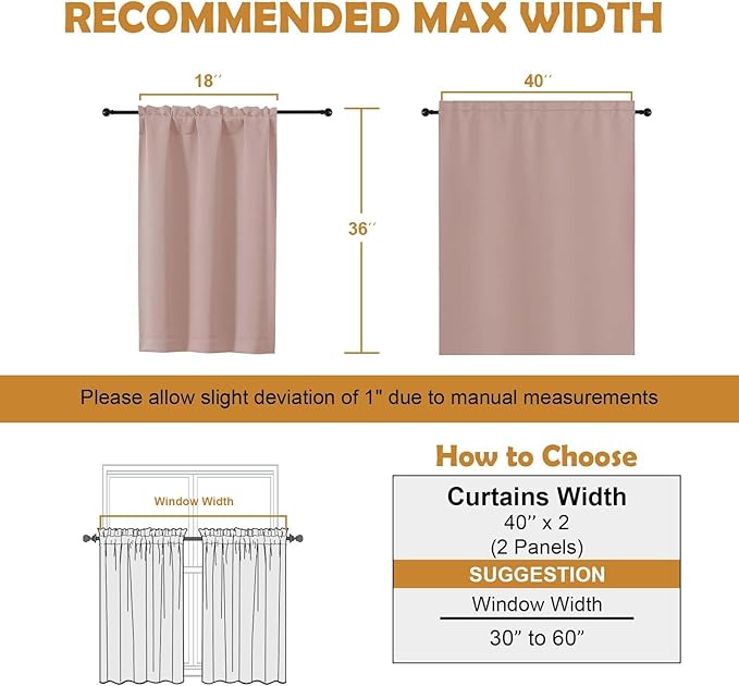 Aiyufeng Blush Short 36 Inches Blackout Curtain 2 Panels Set, Half Window Rod Pocket Privacy Curtain Tiers for Kitchen, Curtains Blackout for Bathroom Shades, W40 x L36 Inch, Blush
