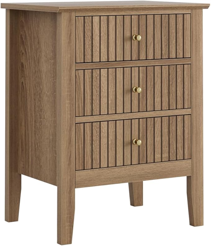 Fluted Nightstand, Farmhouse Night Stand with 3 Drawers, Mid Century Modern Side Accent Table,Bedside End Table for Bedroom, Living Room, Natural