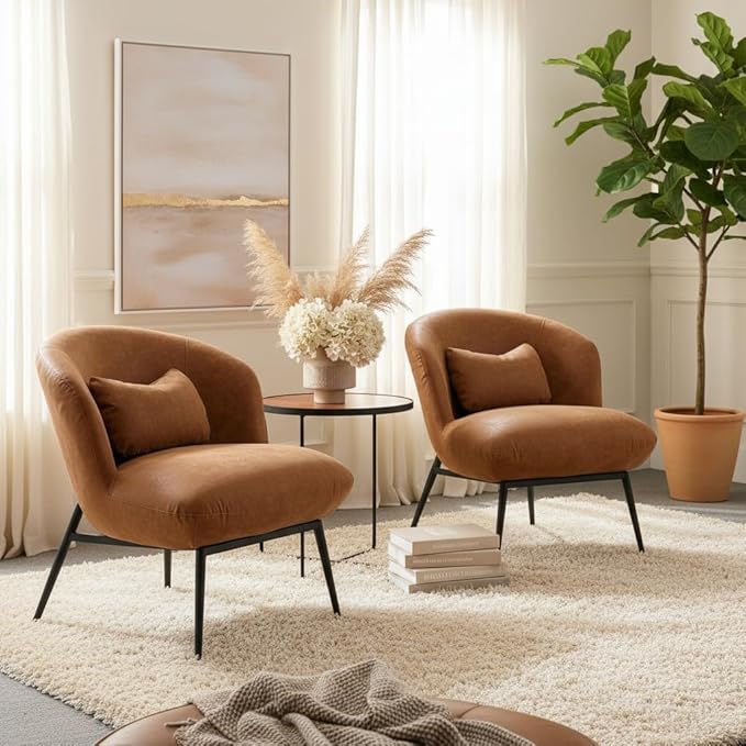LukeAlon PU Leather Single Sofa Chairs Set of 2, Modern Upholstered Accent Chairs with Metal Legs and Pillow Cute Living Room Chairs Wide Seat Slipper Chairs for Bedroom Reception Area, Brown