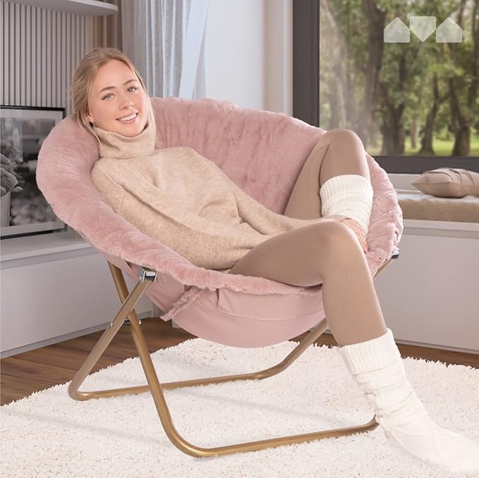 Milliard Saucer Chair For Adults, Teens & Kids, Pink, Faux Fur XL Circle Chair for Bedroom, Dorm & Gaming, Foldable Comfy Accent Seat for Small Spaces, Folding Moon / Mushroom / Round Oversized Style