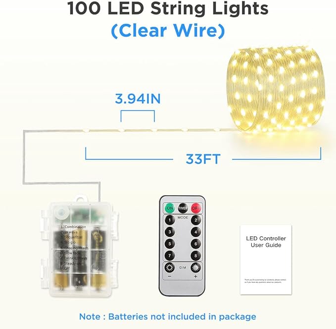 Battery Operated String Lights, 33ft 100 LED Fairy String Lights Battery Powered w/Remote & Timer for Indoor Outdoor Christmas Trees Wreath Decoration Bedroom Patio - Warm White