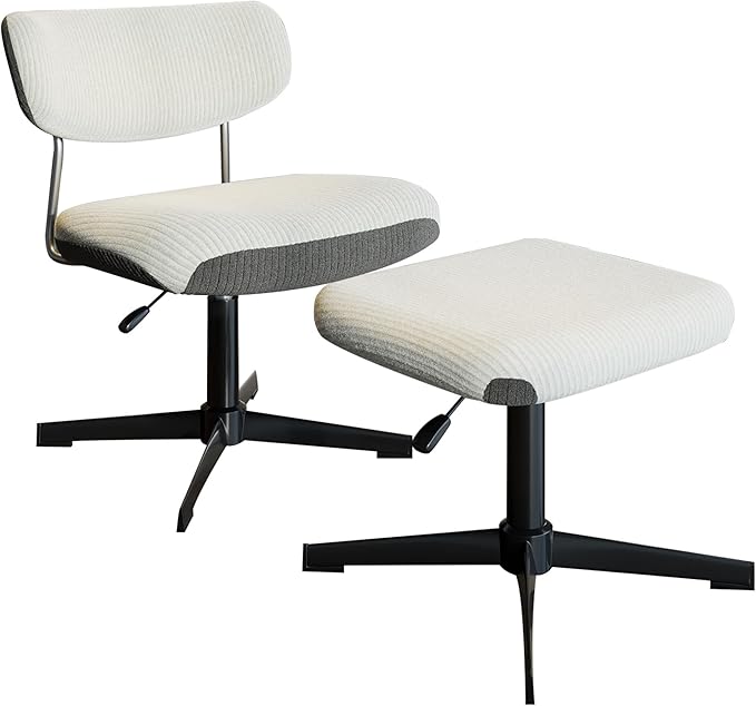 Swivel Criss Cross Chair, Accent Chair with Ottoman Set, Modern Armless Comfy Chair with Ergonomic Backrest, Corduroy Upholstered Seat, No Wheels, White & Grey