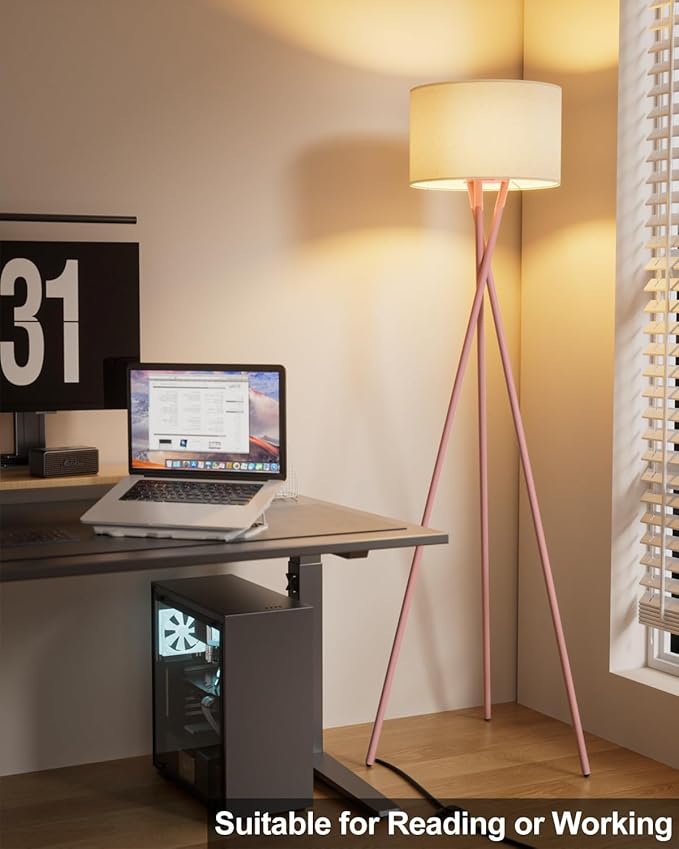 Lightdot Pink Tripod Floor Lamp, Modern Floor Lamps for Living Room, Standing Lamp with Linen Shade, E26 Bulb Included, 66" Tall Floor Lamp for Bedroom, Home Office