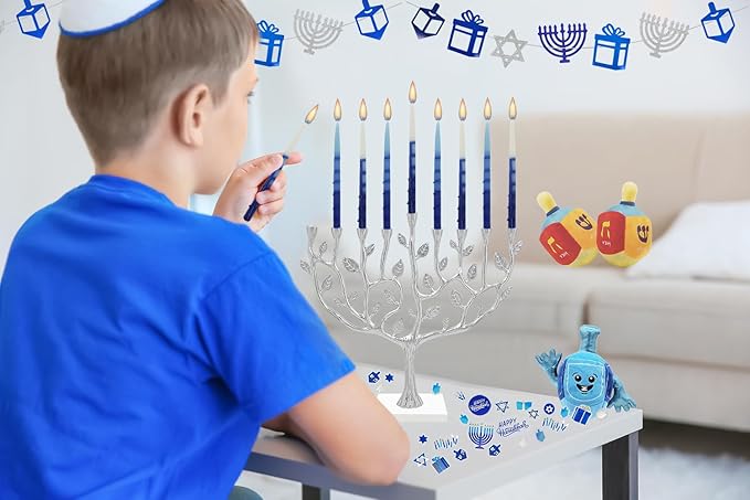 The Dreidel Company Dripless Deluxe Tapered Pastel Blue and White Hanukkah Menorah Candles for All 8 Nights of Chanuka (2-Pack)