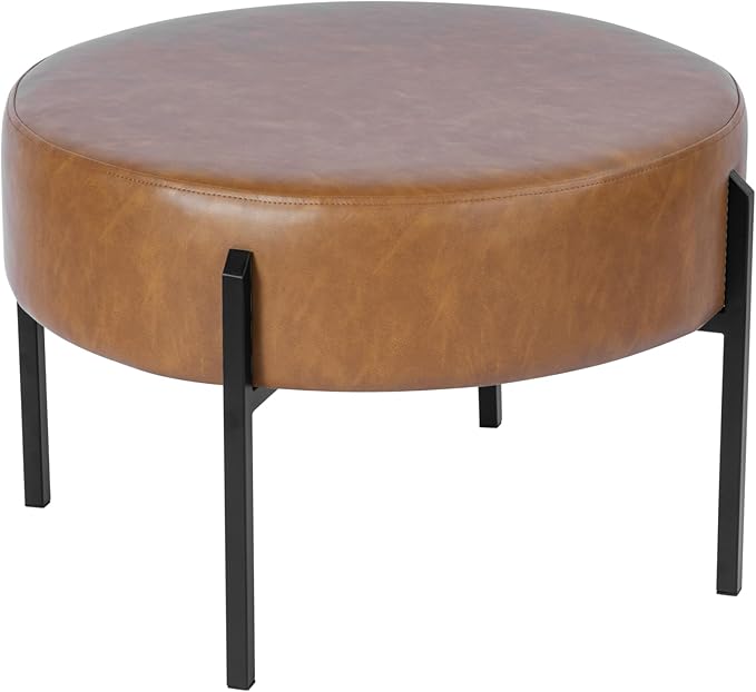 HomePop Modern Round Ottoman, Home Décor,Upholstered Round Velvet Foot Rest Ottoman - Carmel Faux Leather Small