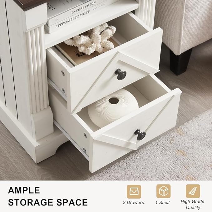 Farmhouse Night Stand with Charging Station, 18" Modern Wood Side Table, 2 Drawers End Table & Roman Column Design for Living Room, Bedside Table with Open Shelf for Bed Room, Antique White