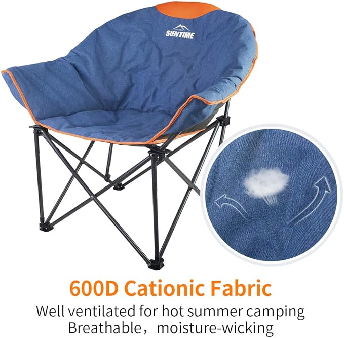 OUTDOOR LIVING SUNTIME Oversized Padded Camping Chair,Portable Comfy Outdoor Folding Moon Round Saucer Chairs for Adults with Holder and Carry Bag, Perfect for Hiking Lawn Patio Sports(Denim 2 Pack)