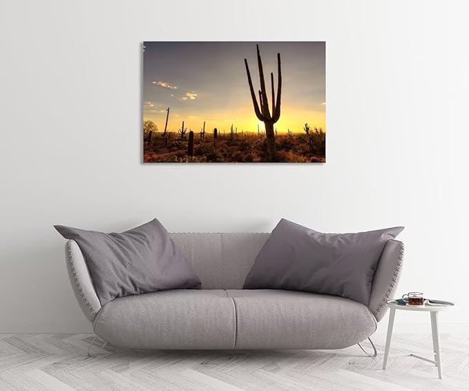Sunset at Saguaro National Park Picture Wall Art for Living Room Bedroom Bathroom Home Decorations Arizona Cactus Landscape Poster Framed Artwork Canvas Prints Ready to Hang(24''H x 36''W)