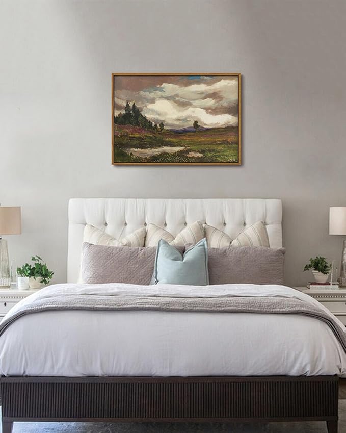 KISSFOX Vintage Landscape Canvas Wall Art Farmhouse Hills Pond Clouds Framed Wall Art Natural Countryside Paintings Artwork Rustic Art Prints For Bedroom Bathroom Living Room