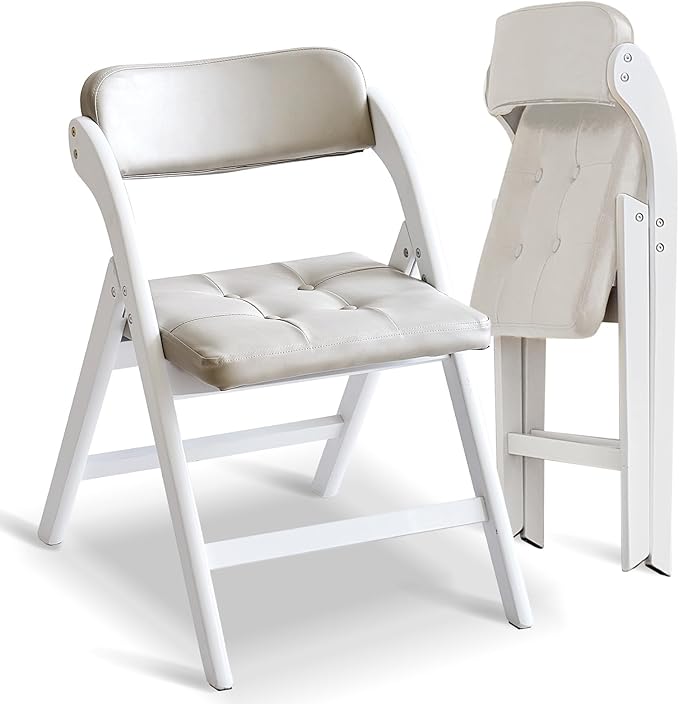 Wood Folding Chairs with Padded Seats, Wooden Folding Chairs Set of 2, Foldable Dining Chair with Cushion, Stackable Extra Chair for Indoor Outside Events, Party, Wedding (White Gray)