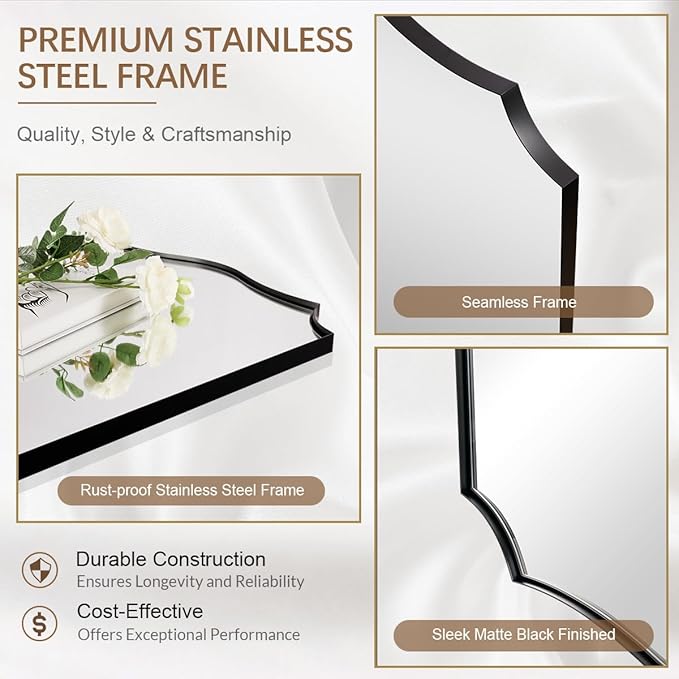 ANDY STAR Matte Black Mirror, 24x36 Inch Scalloped Bathroom Mirror, Unique Wavy Rectangle Mirror in Stainless Steel Metal 1” Frame, Wall Mount Vertical or Horizontal