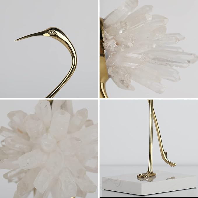suruim Elegant Gold Crane Bird Statues with Crystal Tail Accents, Decorative Brass Figurines for Home Decor (White B)