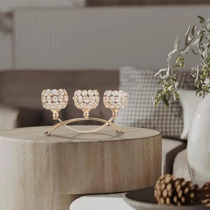 4Set Gold Crystal Candle Holders Decorative Candelabra for Wedding Centerpiece,Metal 3 Arms Candlesticks Holder Stand for Dining Table Living Room Home Decor, Party, Anniversary,Halloween,Christmas