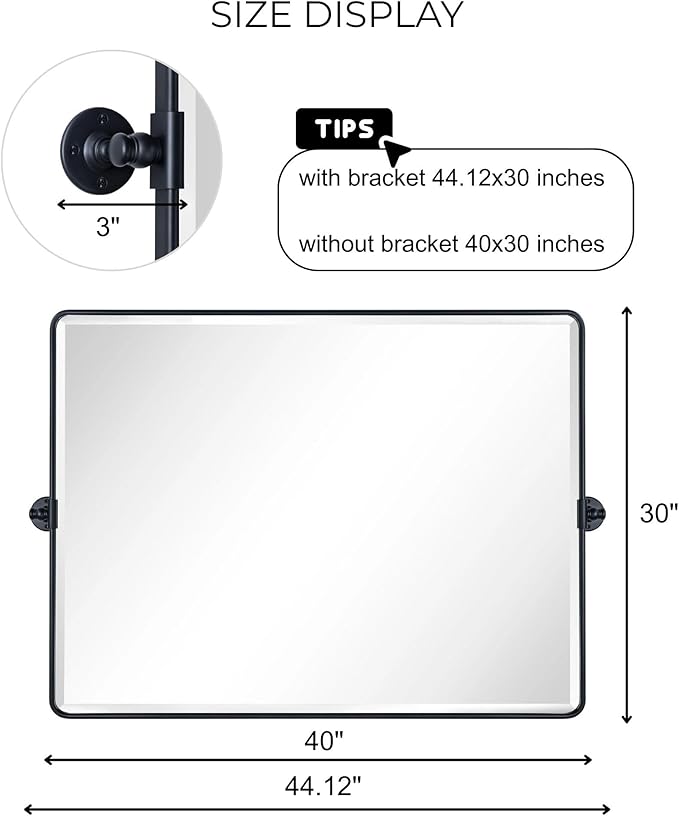TEHOME Pivot Mirror Matt Black Tilt Bathroom Vanity Mirror Black Metal Framed Rectangle Horizontal Tilting Beveled Vanity Mirrors, Overall 44.12 x 30 inches (Mirrror 40 x 30 inches)