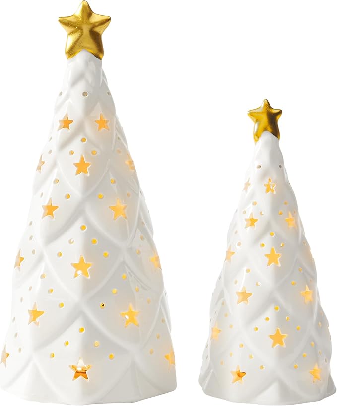 DN Decoration White Ceramic Christmas Tree with Lights, 2Pcs Prelit Tabletop Xmas Decor with Star Cutouts, Battery-Operated LED Trees for Christmas Village, Office, Front Porch Holiday Centerpieces