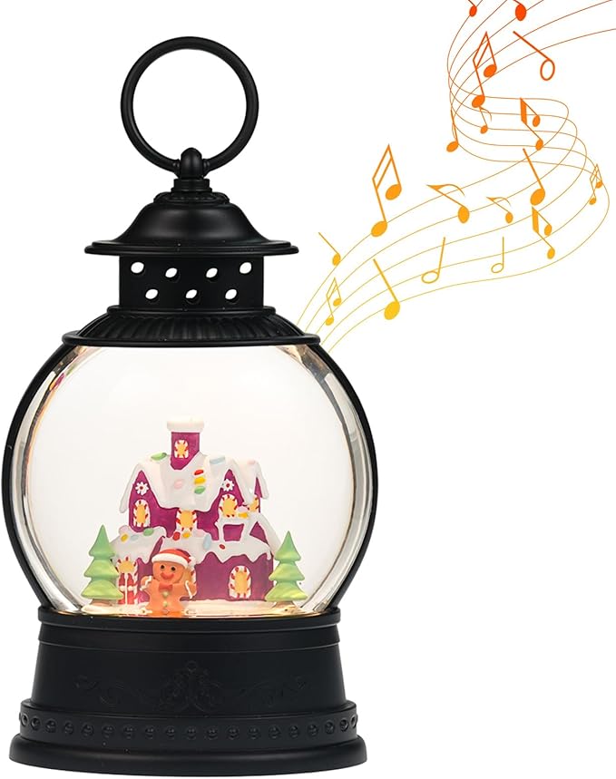 Christmas Snow Globes Lantern, Colorful Gingerbread House Christmas Decor Indoor, Glitter Musical Snowglobe with Timer, USB or Battery Operated Gingerbread Man Decorations Gifts