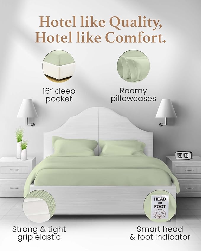 Good Sleep Bedding Split King Sheets Set - 100% Cotton, 1000 TC Egyptian Cotton, 5 Piece Set, 2 Fitted - 16" Deep Pocket, Sateen, Sage